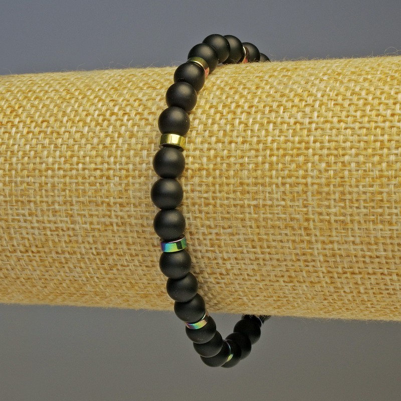 Shungite Bead Bracelet, smooth ball, 6mm diameter ±; Rainbow Hematite disc, 5x2mm, length 18cm stretch