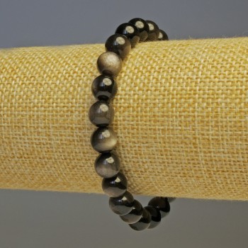 Bracelet Silver Obsidian Smooth Bead, 8 mm diameter (+/-), 18 cm length, stretch