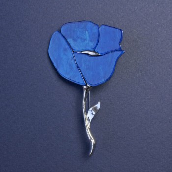 Brooch Blue Poppy with Pearlescent and Silver Beads 76x46 mm+