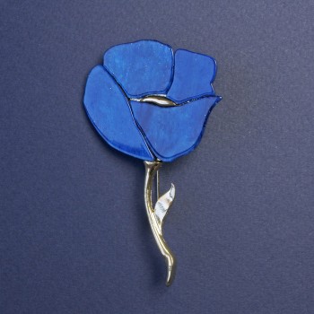 Brooch Blue Poppy with Pearlized Shine and Golden Metal 76x46 mm+