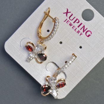 Earrings Xuping 18K gold plating with rhodium, red stone and white rhinestones 30x12mm