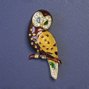 Brooch Owl Brown and Yellow Enamel with Golden Metal 55x28mm+