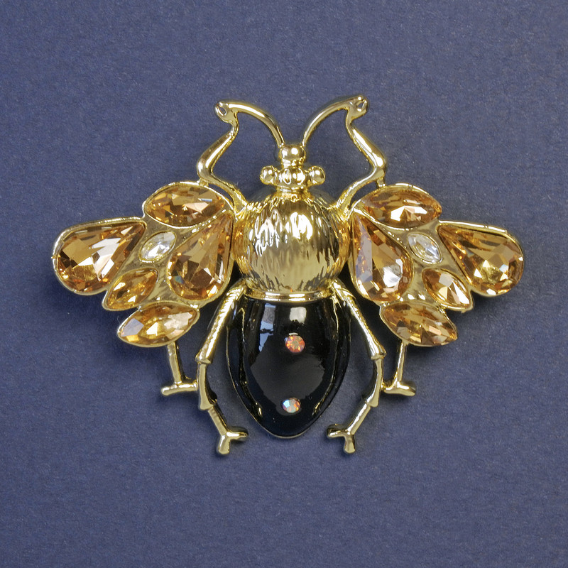 Brooch Insect with Yellow Crystals Black Enamel and Gold-tone Metal 38x49mm+