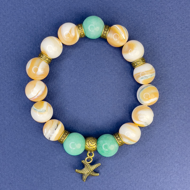 Bracelet with Mother of Pearl and Jadeite, smooth round beads 12mm diameter, length 18cm±, stretch