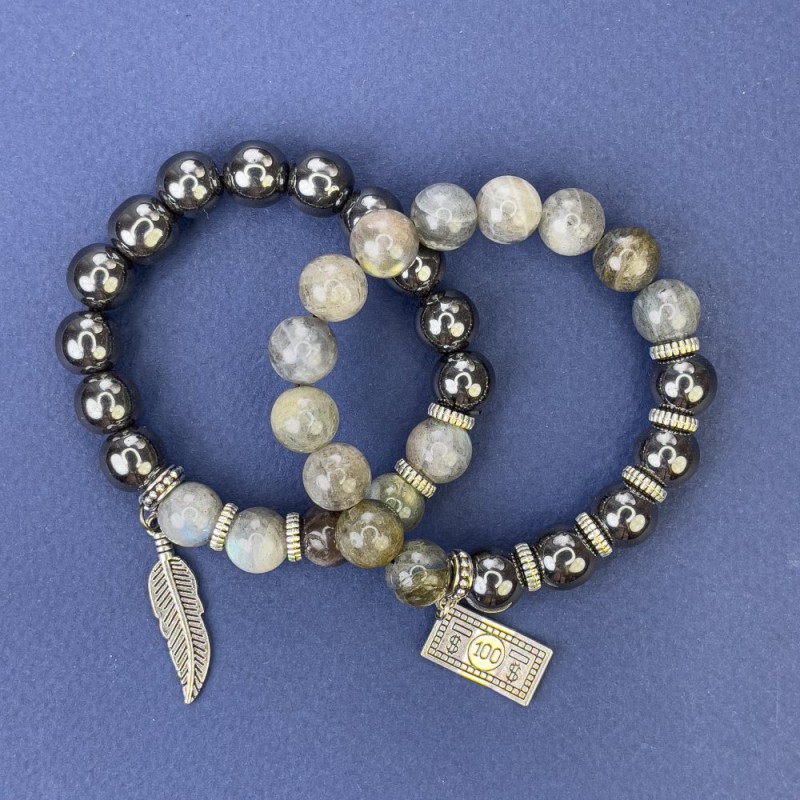 Bracelet Set Labradorite and Hematite Bead Bracelet Set with Smooth 10mm Beads ± Metal Inlays, length 18cm± Stretch