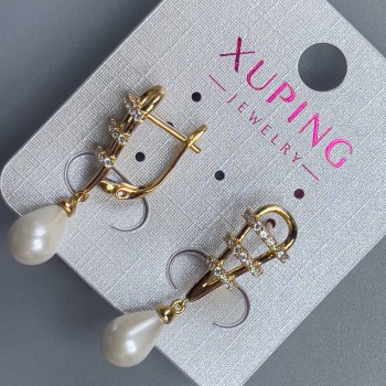 Earrings Xuping 18K Gold Plating with Pearl, Mallorca Pearl 7×9 mm and White Crystals, 32 mm length +