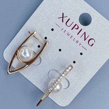 Earrings Xuping 18K Gold Plated with Pearl, diameter 8 mm and white rhinestones, length 28 mm +