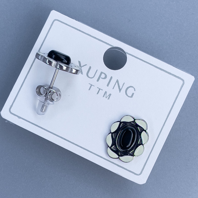 Xuping Stud Earrings with Black Stone, 12x10mm±, Rhodium-plated