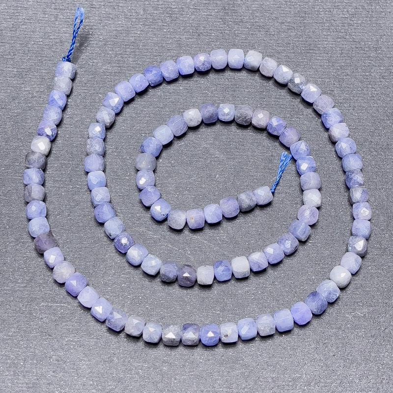 Sapphire Beads on Thread, Faceted Cube Shape, 4 mm diameter ±, 39 cm length ±