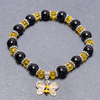 Agate and Czech Crystal Bracelet with Smooth Round Beads and Rondelles, 18 cm Stretch