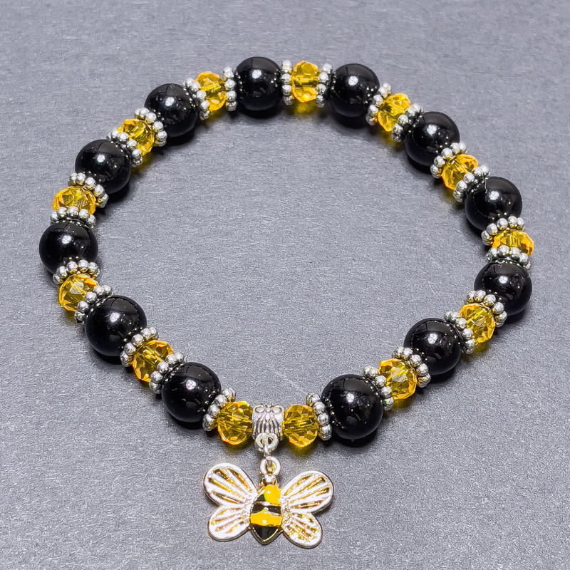 Agate and Czech Crystal Bracelet with Smooth Round Beads and Rondelles, 18 cm Stretch