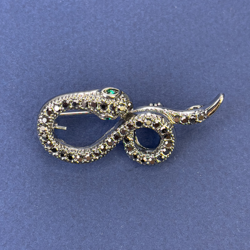 Brooch pendant Serpent, silver-gray with gray crystals, silver metal 44×20mm +
