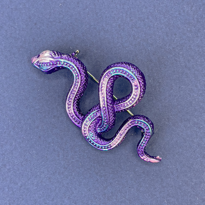 Brooch Pendant Snake Purple-Blue Enamel Silver Metal 30x55mm +