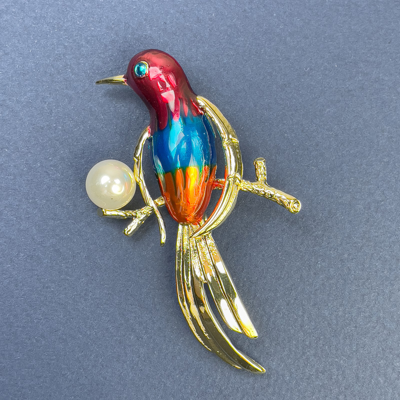 Brooch Bird with Pearl, red blue orange gold metal 40x68mm+