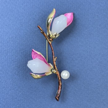 Brooch Branch with Flower and Pearl, pink and brown with golden metal 48x59mm+