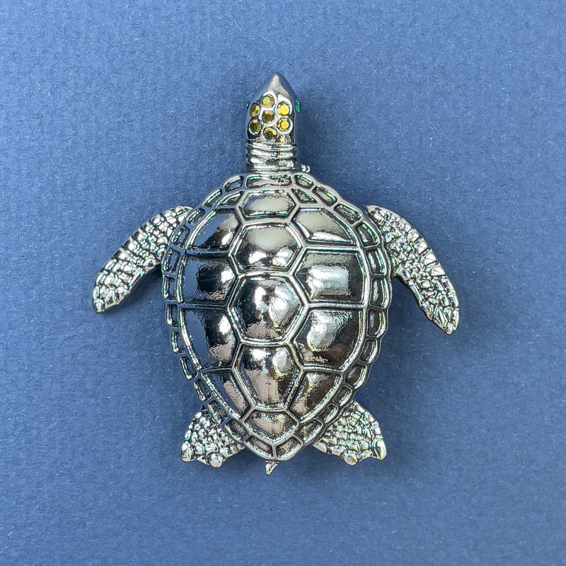 Brooch Pendant Turtle with Rhinestones Silver Metal, diameter 44mm+-, length 47mm+-