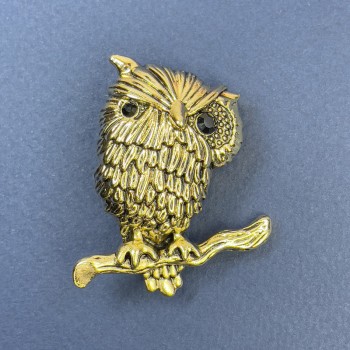 Brooch Owl with black crystals golden-tone metal, diameter 28mm+-, length 45mm+-