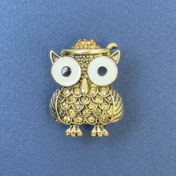 Brooch Owl White Enamel with Yellow Crystals Gold-Tone Metal, diameter 22mm±, length 29mm±