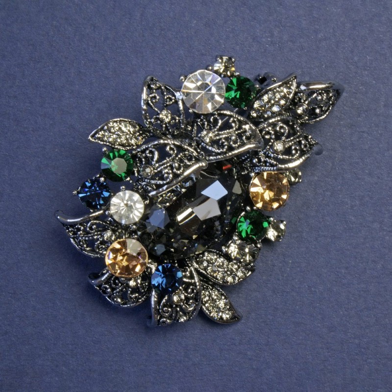 Brooch Accent Multicolor Rhinestones 48x35mm± Silver Metal