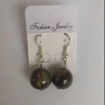 Earrings Natural Hawk's Eye Smooth Bead, diameter 14mm, length 3.5cm