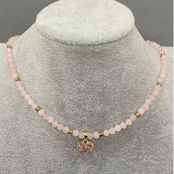 Choker Pink Quartz Smooth Beads 4mm+- Hematite Cube 3mm+- with Heart Pendant 12mm+-, length 36cm + extension chain