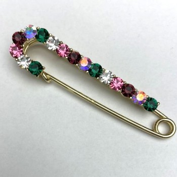Brooch Pin for Coat in Multicolored Crystals 72x18mm Metal Color "Gold"