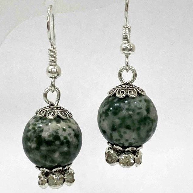 Moss Agate Bead Earrings, 12mm diameter, 36mm length
