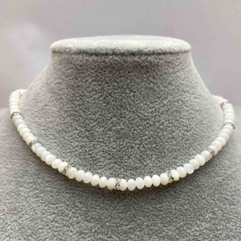 Choker Natural Mother-of-Ppearl Rondelle 5x3mm± with metal inlays and white crystals, length 35-43cm+