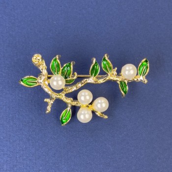 Brooch "Branch" with Pearls Gold-Tone Metal 48x32mm+