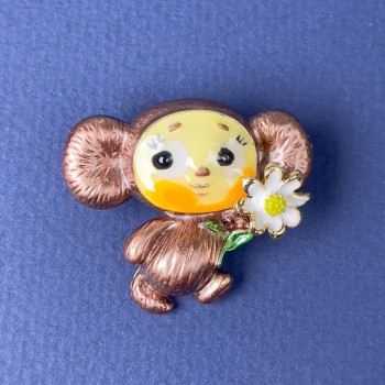 Brooch 'Cheburashka' brown, yellow, white enamel, gold-toned metal 28x31mm+