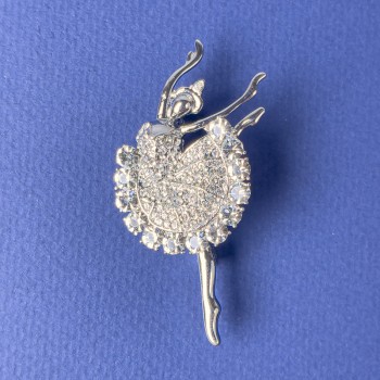 Brooch 'Ballerina' White Crystals 51x26mm+- Silver Metal