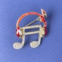 Brooch 'Note in the Headphones' with red enamel white crystals gold metal 27×32mm+
