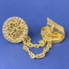 Brooch for cardigans in golden metal, diameter 20mm±, chain length about 9cm+