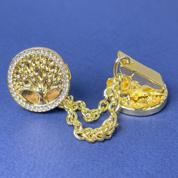 Brooch for Cardigans Gold-Tone Metal with White Crystals, diameter 20mm±, chain length 9cm+