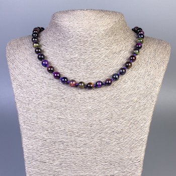 Cat's Eye Beaded Necklace with Multicolor Smooth Round Beads, diameter 8mm±, length 50cm± with clasp