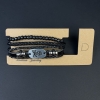 Triple-layer eco-leather bracelet with metal inserts, adjustable 18-24 cm, black