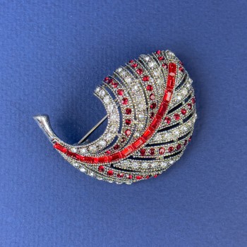 Sale! Feather Brooch White and Red Rhinestones, Dark Silver Metal, 47x34 mm +