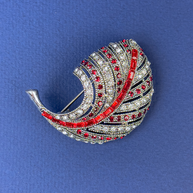 Sale! Feather Brooch White and Red Rhinestones, Dark Silver Metal, 47x34 mm +