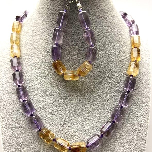 Necklace and Bracelet Set Citrine Amethyst Faceted Cylindrical 12x8mm on Thread