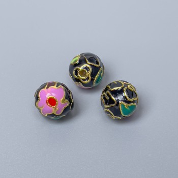 Clasp bead Cloisonné black purple green enamel, diameter 10mm± hole, metal color gold-tone, 1 pc