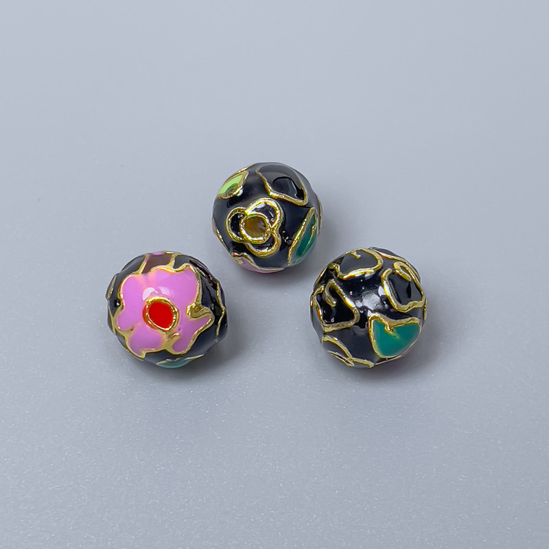 Clasp bead Cloisonné black purple green enamel, diameter 10mm± hole, metal color gold-tone, 1 pc