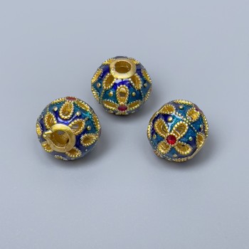 Cloisonné Bead "Pandora" blue turquoise red enamel, 11mm diameter ± hole 3mm, metal color gold, 1 piece