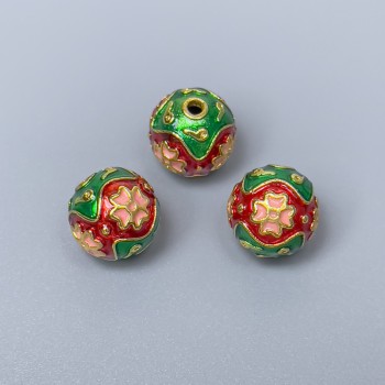 Cloisonné Bead - Cloisonné Bead green, red, pink enamel, diameter 10mm±, hole 2mm, metal color gold-plated, 1 pc