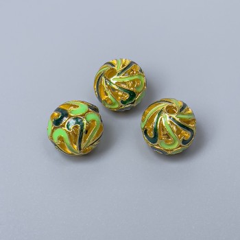 Clasp Bead Cloisonné Green Enamel, diameter 10mm±, hole diameter 2mm, metal color gold, 1 pc