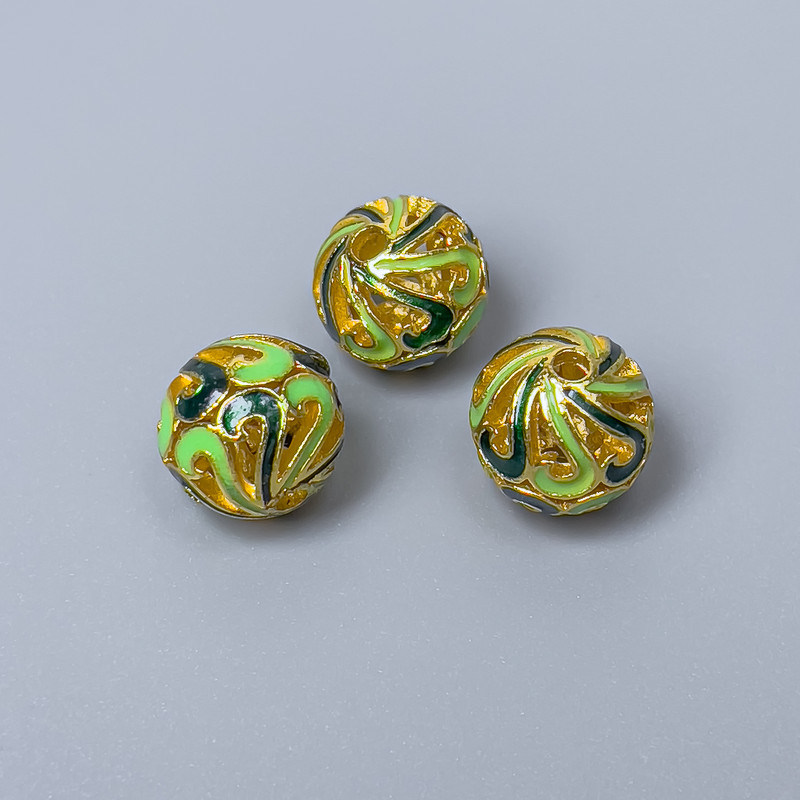 Clasp Bead Cloisonné Green Enamel, diameter 10mm±, hole diameter 2mm, metal color gold, 1 pc