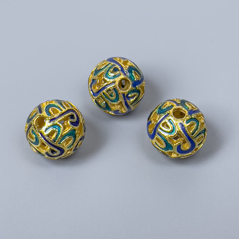 Cloisonné Bead, blue turquoise enamel, diameter 10mm±, hole 2mm, metal color gold tone, 1 pc