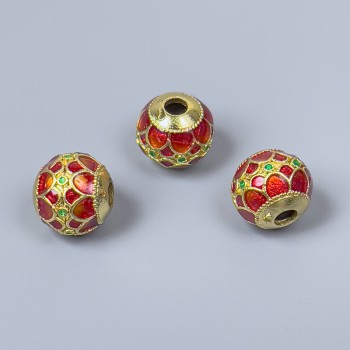 Bead Clasp Cloisonné Bead red green enamel, diameter 10x9mm± hole 3mm, metal color gold tone 1 pc