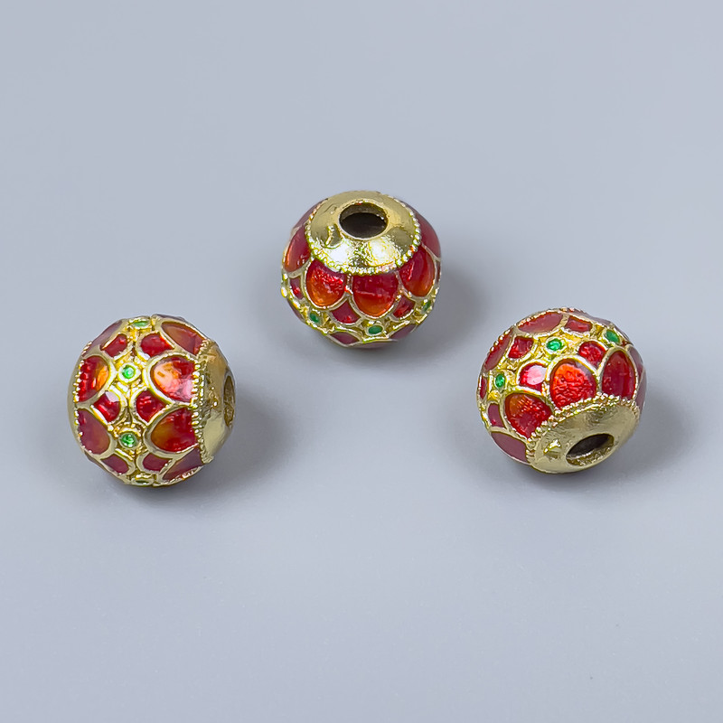 Bead Clasp Cloisonné Bead red green enamel, diameter 10x9mm± hole 3mm, metal color gold tone 1 pc