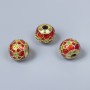 Bead Clasp Cloisonné Bead red green enamel, diameter 10x9mm± hole 3mm, metal color gold tone 1 pc