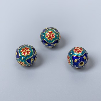 Clausonne Bead (Cloisonné) blue turquoise red enamel, diameter 10mm± hole 2mm, metal color gold, 1 pc